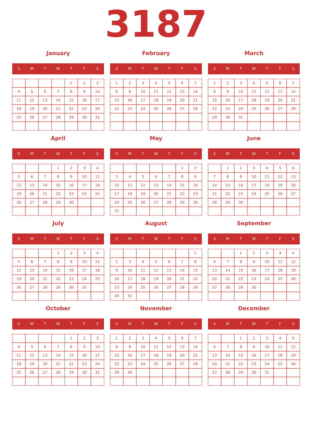 Printable 3187 Year Calendars red