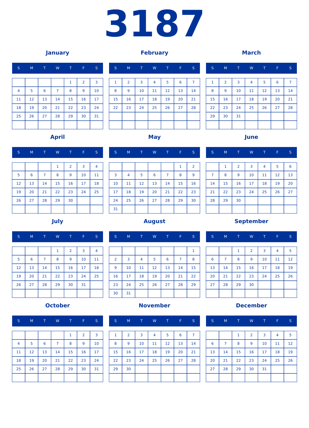 Printable 3187 Year Calendars smalt