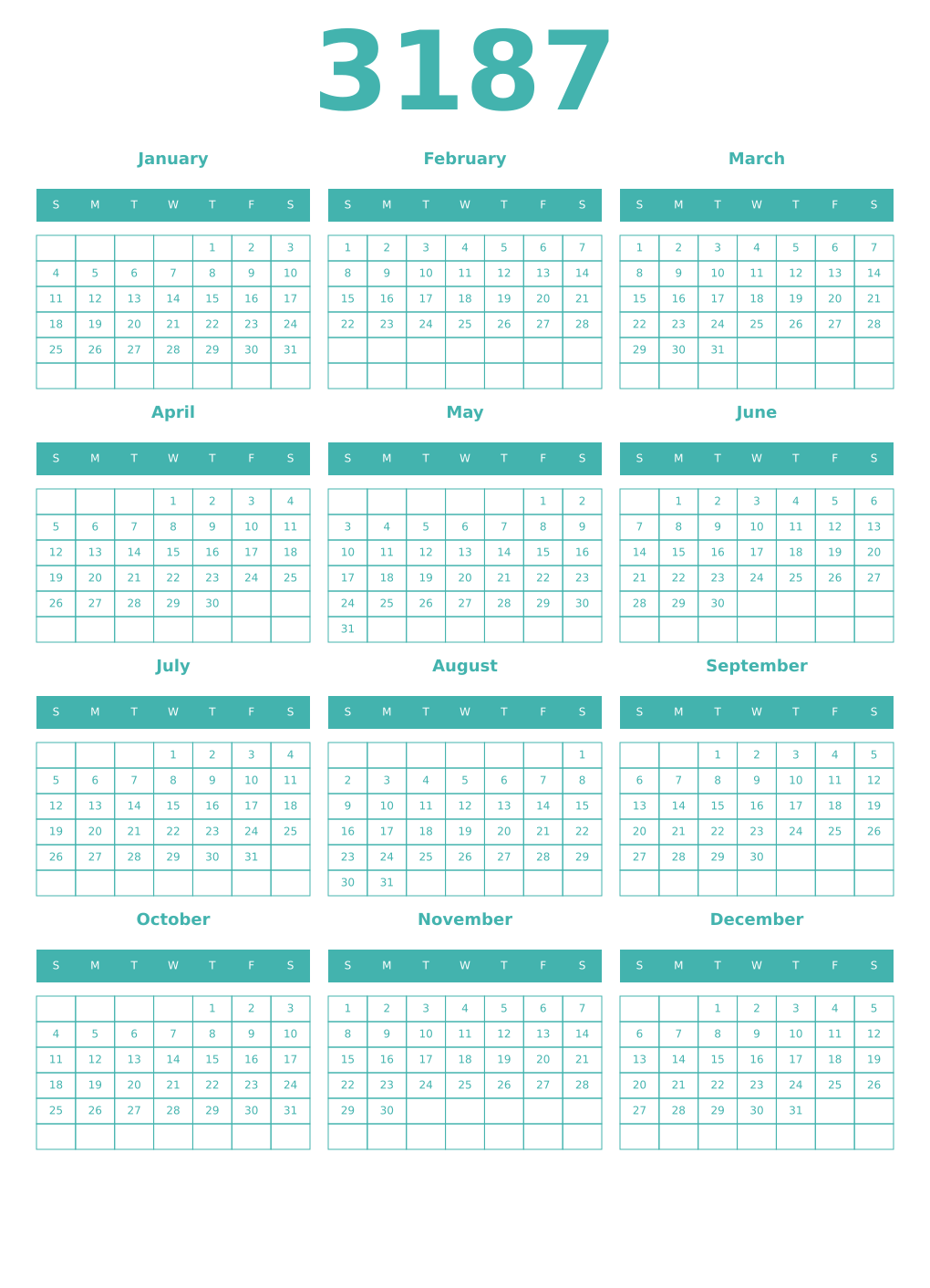 Printable 3187 Year Calendars verdigris
