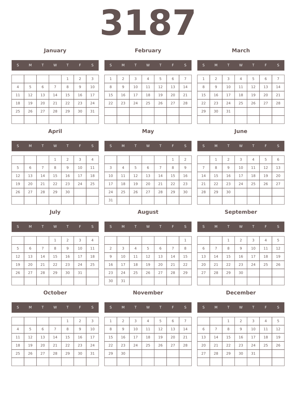 Printable 3187 Year Calendars wenge