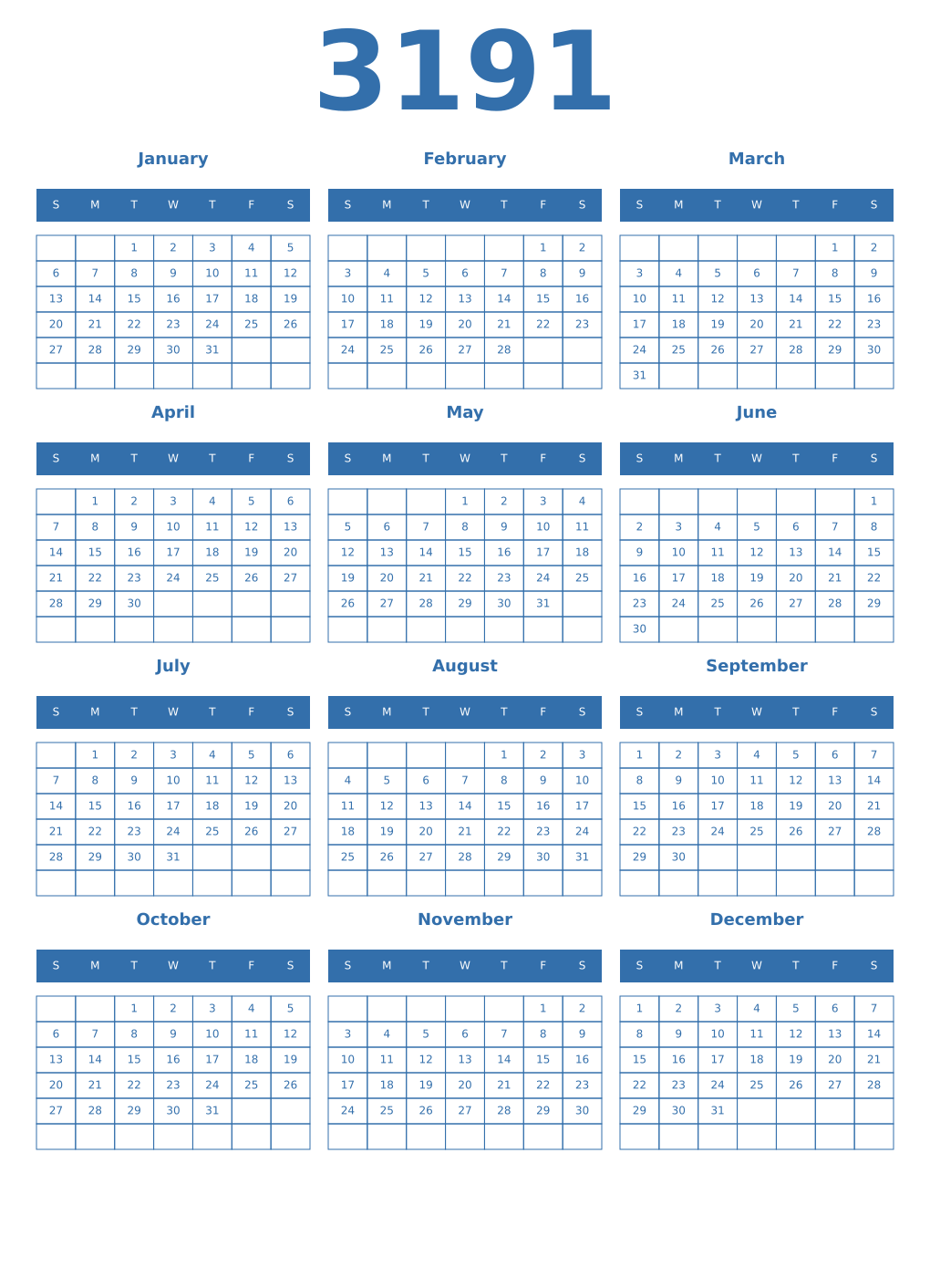 Printable 3191 Year Calendars blue