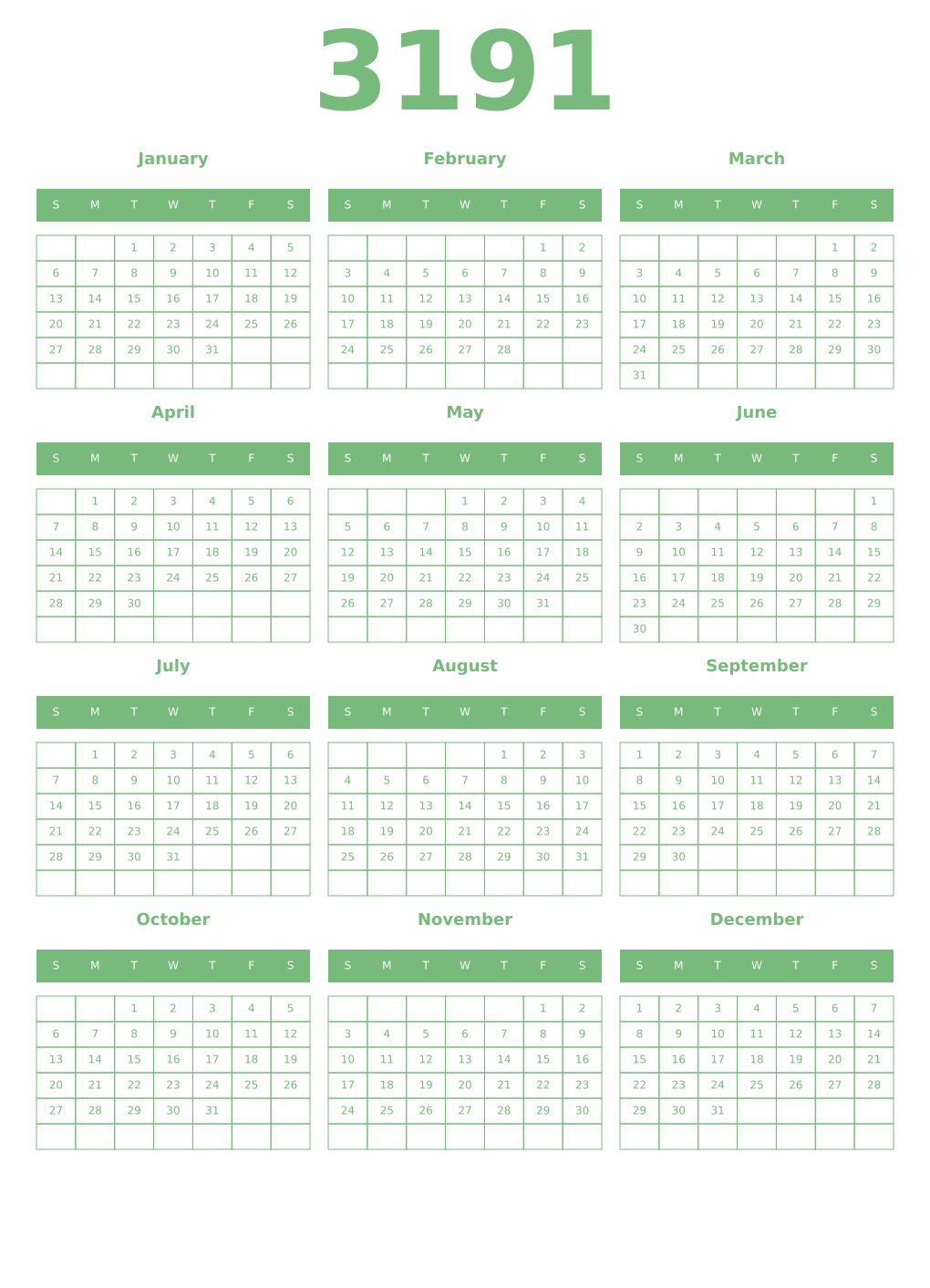 Printable 3191 Year Calendars celadon