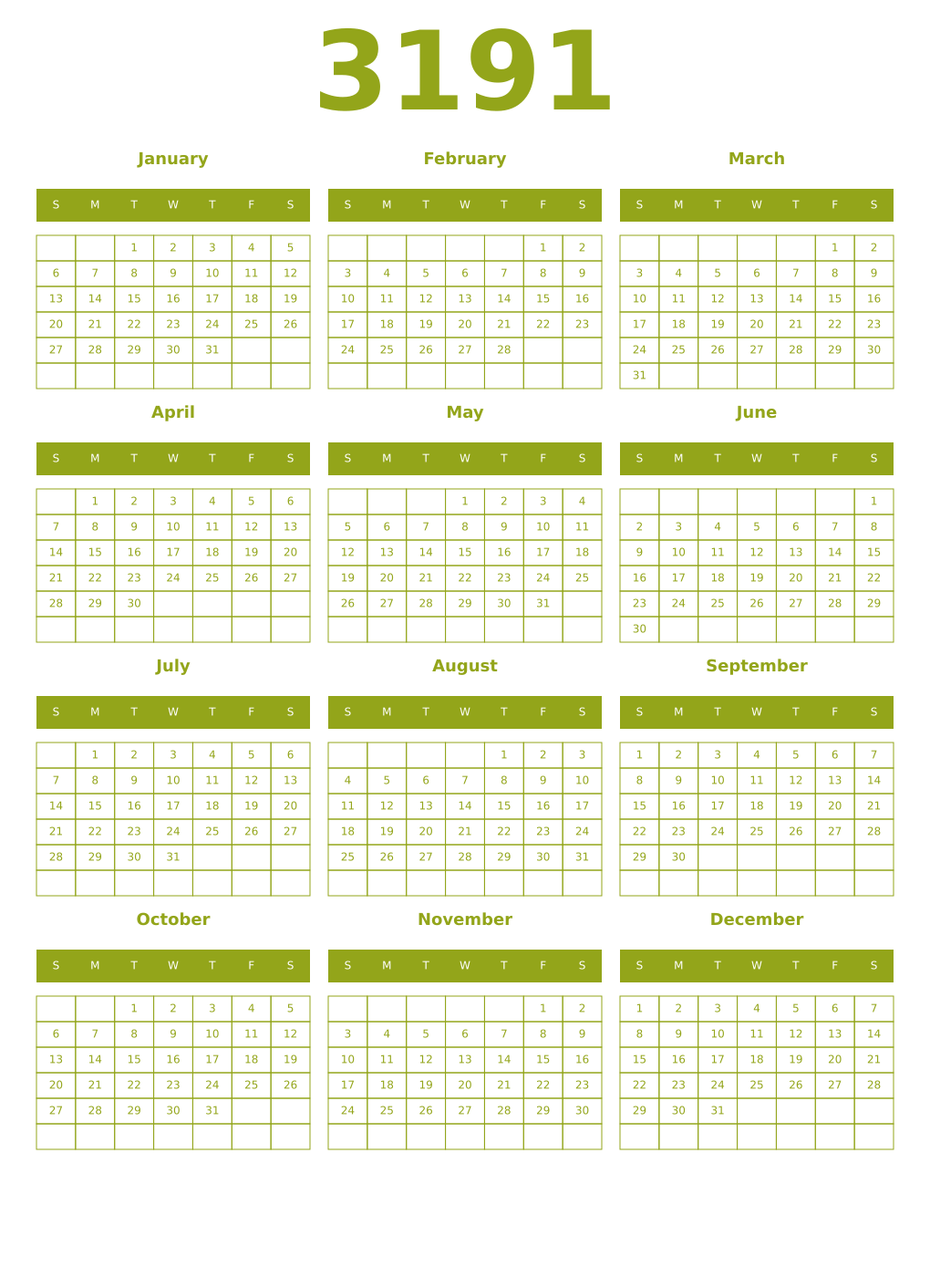 Printable 3191 Year Calendars chartreuse