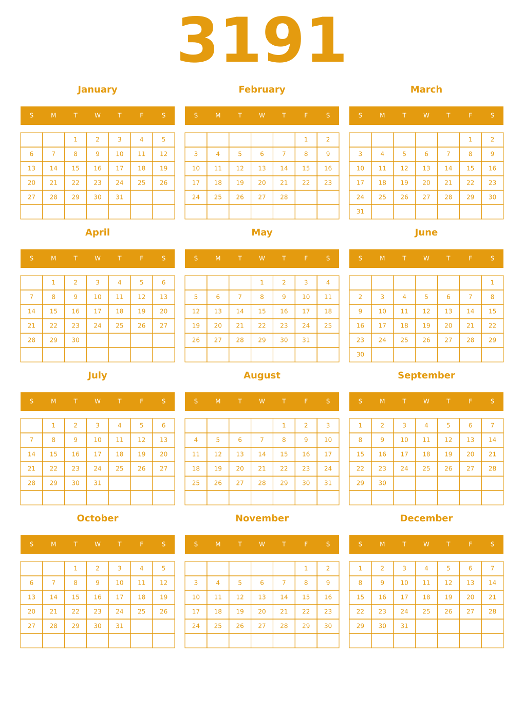 Printable 3191 Year Calendars gamboge