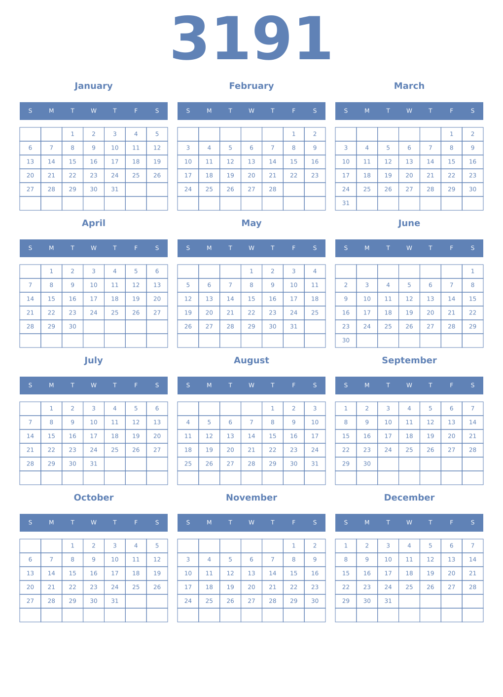 Printable 3191 Year Calendars glaucous