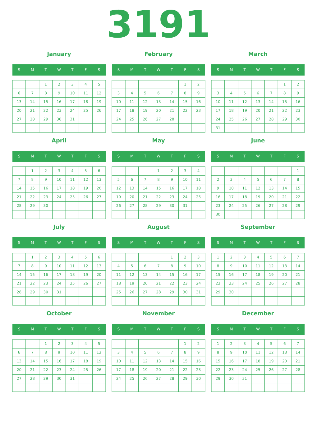 Printable 3191 Year Calendars green