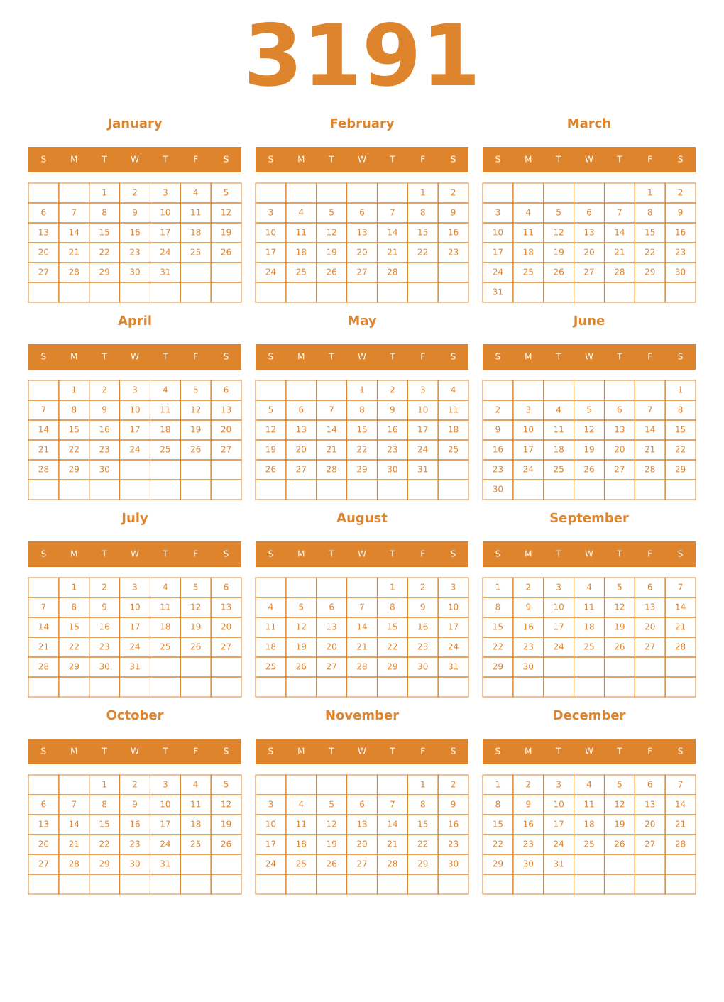 Printable 3191 Year Calendars orange