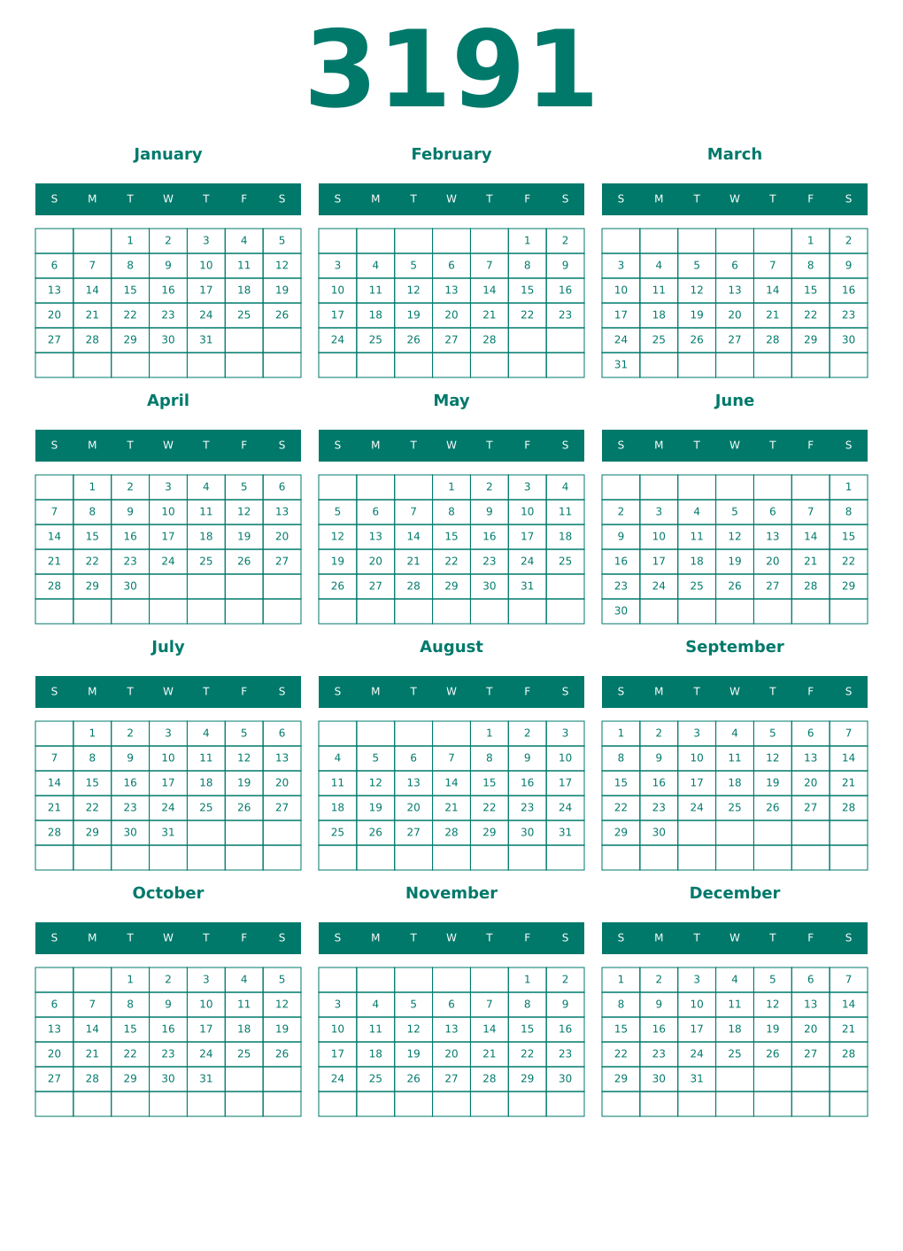Printable 3191 Year Calendars pastel