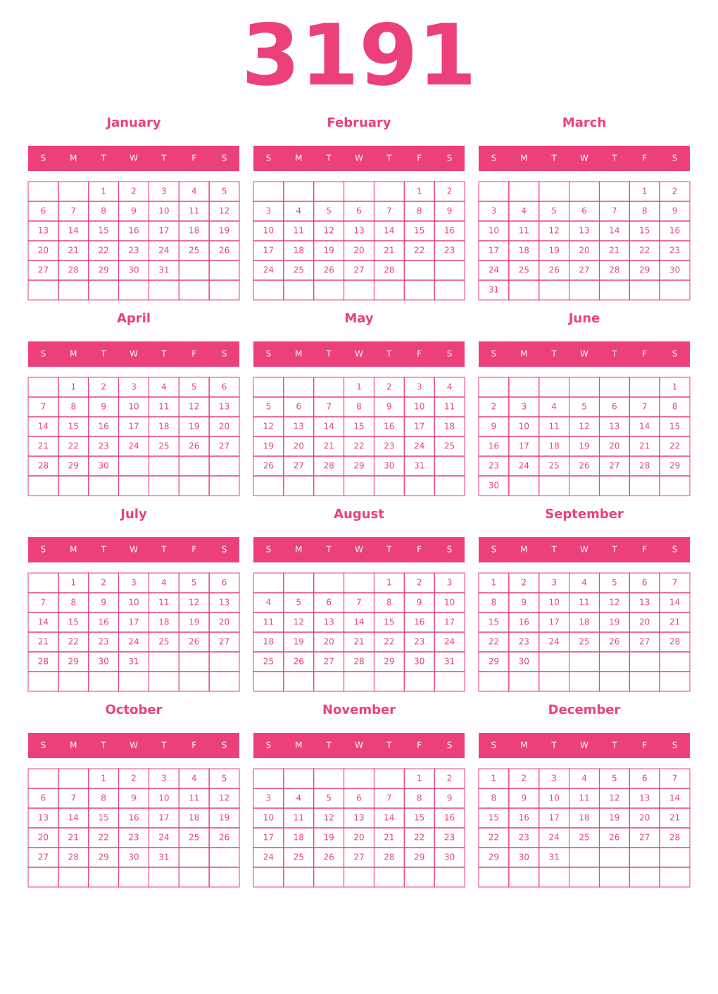 Printable 3191 Year Calendars pink