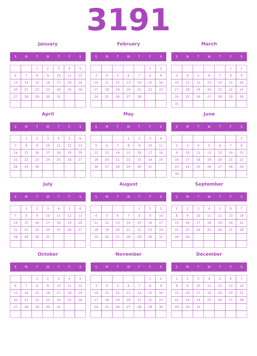 Printable 3191 Year Calendars purple
