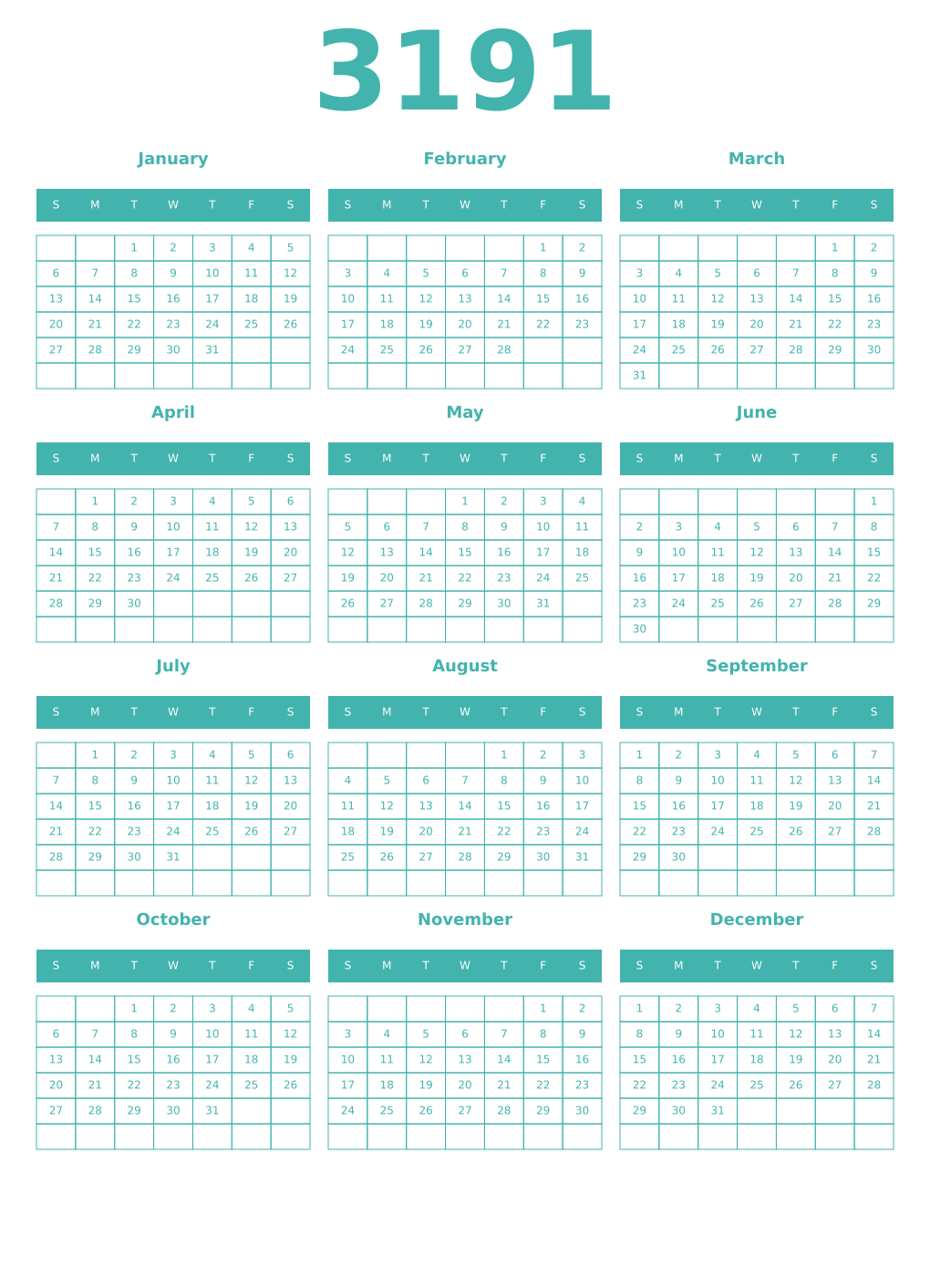 Printable 3191 Year Calendars verdigris