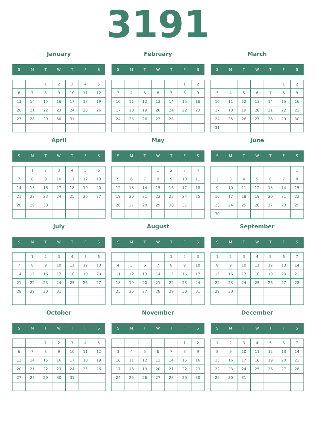 Printable 3191 Year Calendars viridian