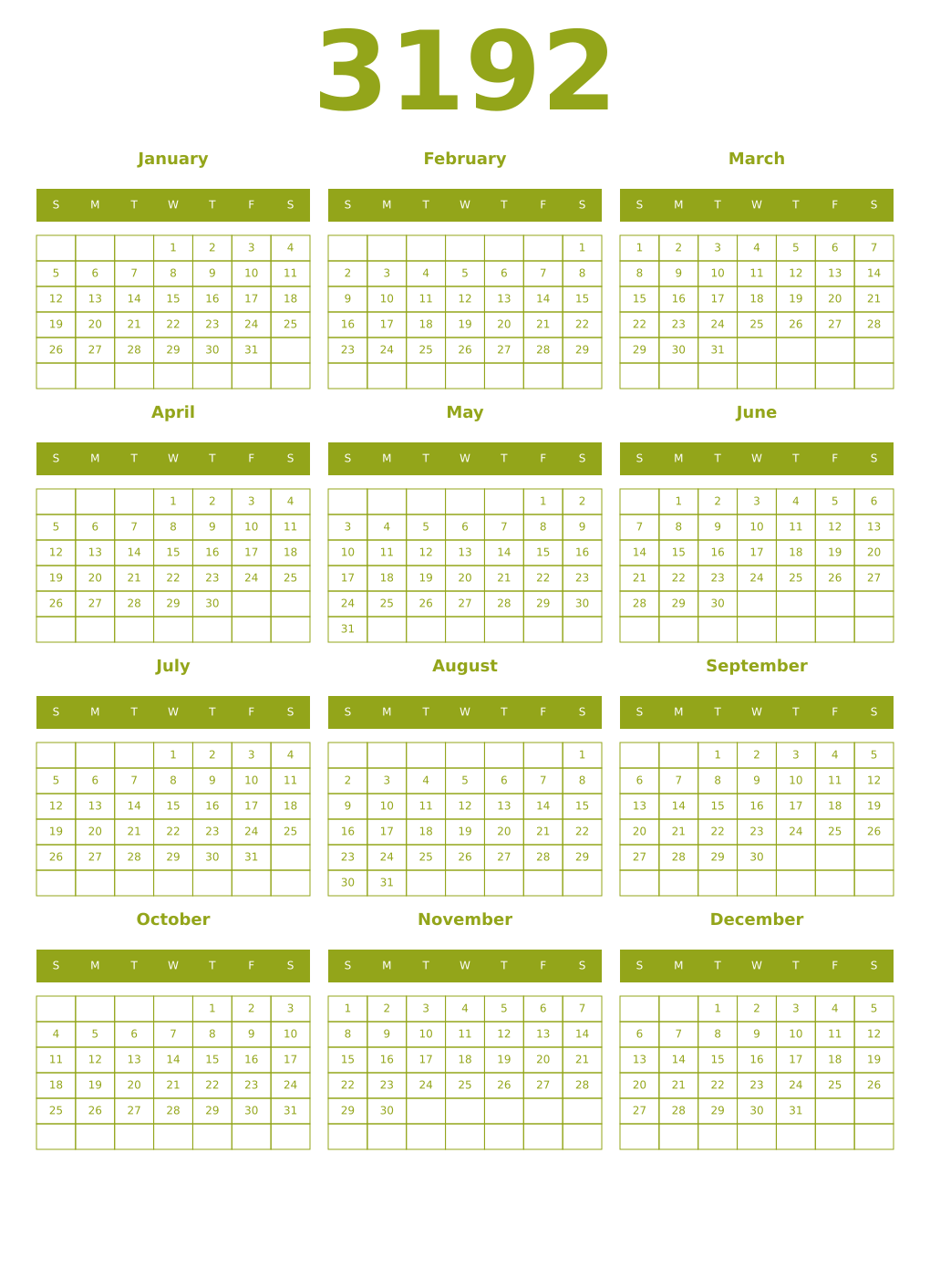 Printable 3192 Year Calendars chartreuse
