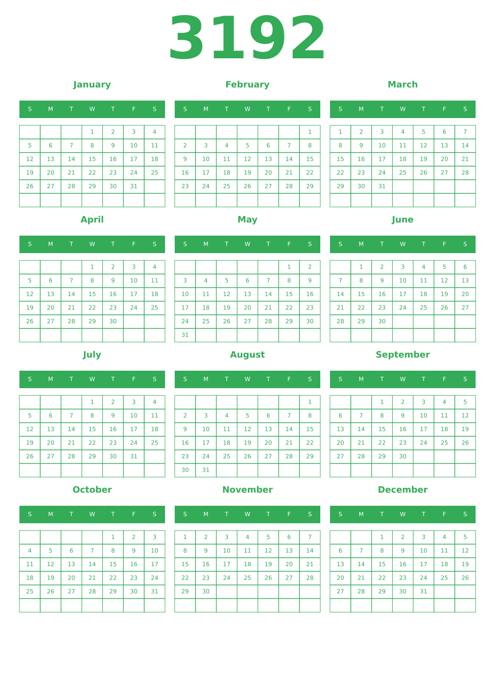 Printable 3192 Year Calendars green