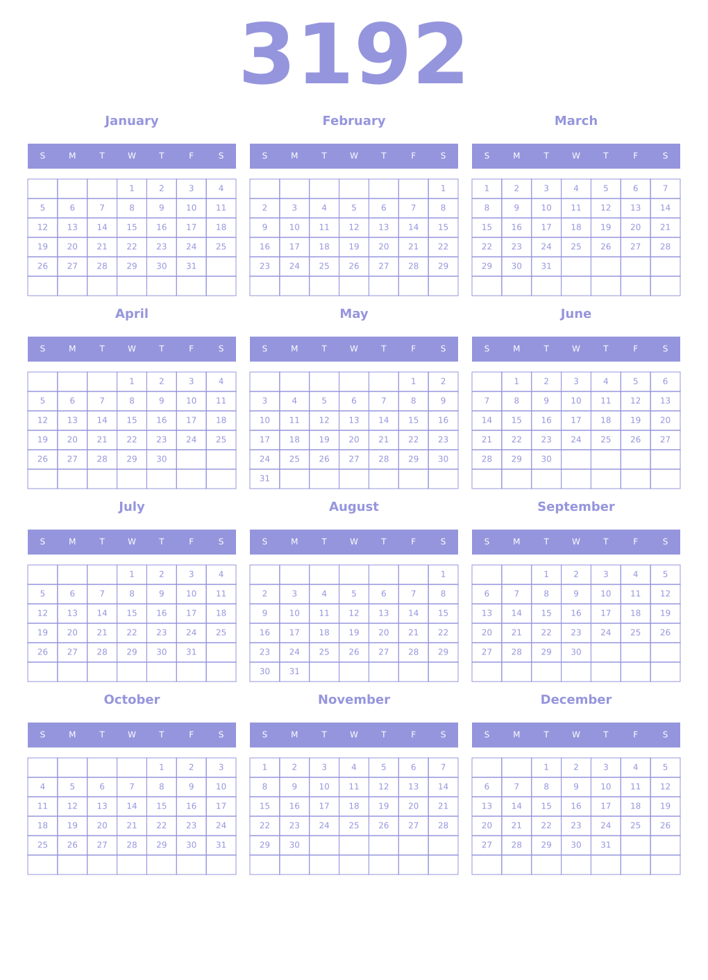 Printable 3192 Year Calendars periwinkle