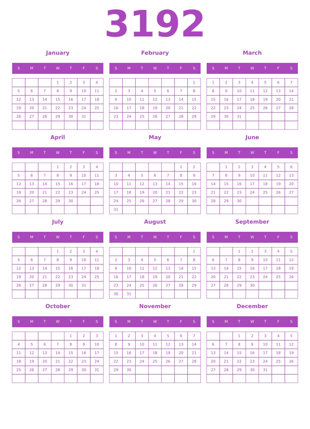 Printable 3192 Year Calendars purple