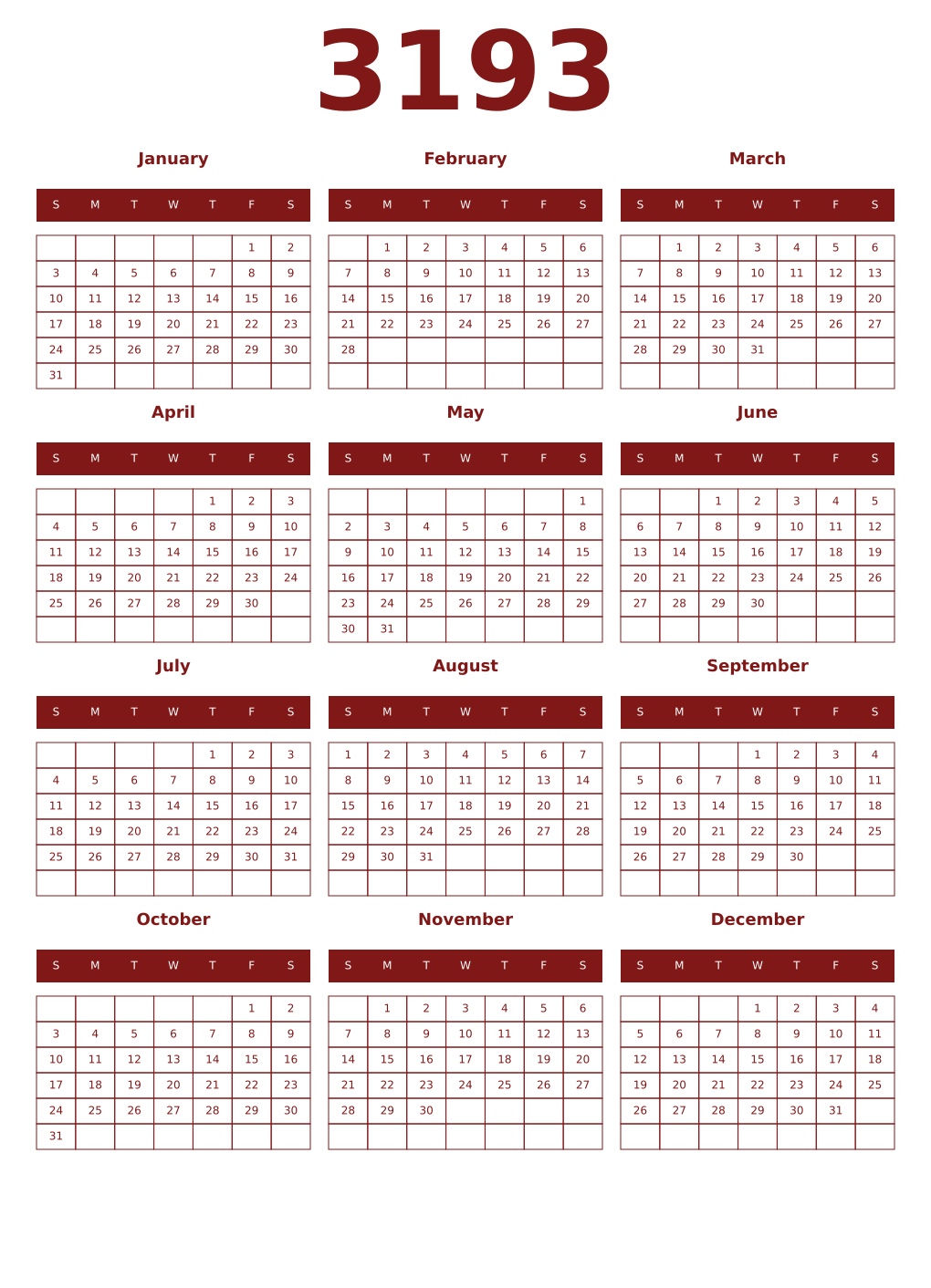 Printable 3193 Year Calendars falu