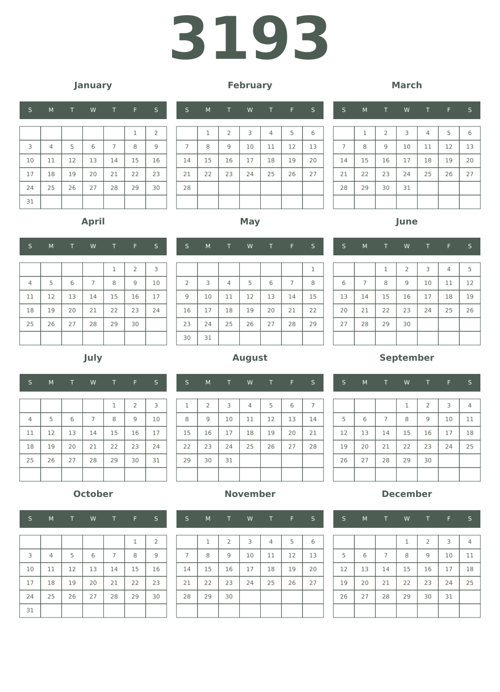 Printable 3193 Year Calendars feldgrau