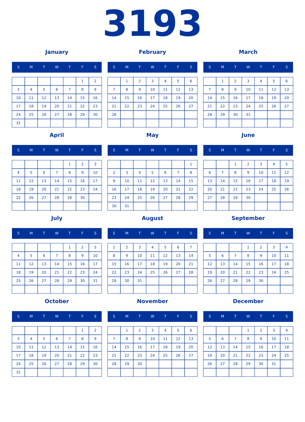 Printable 3193 Year Calendars smalt