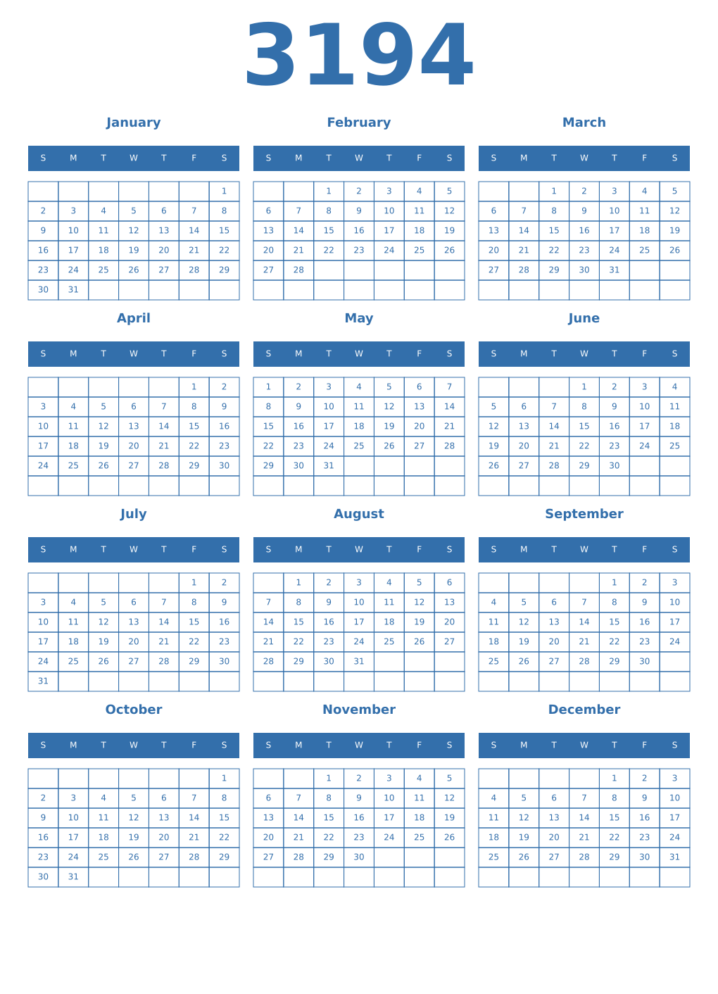 Printable 3194 Year Calendars blue