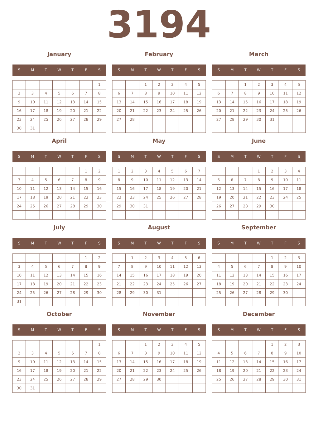 Printable 3194 Year Calendars coffe