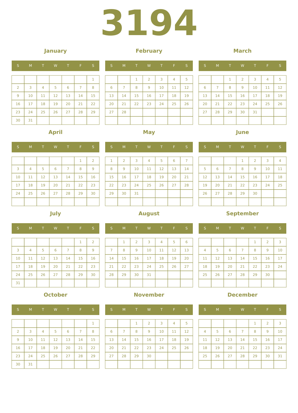 Printable 3194 Year Calendars eburnean