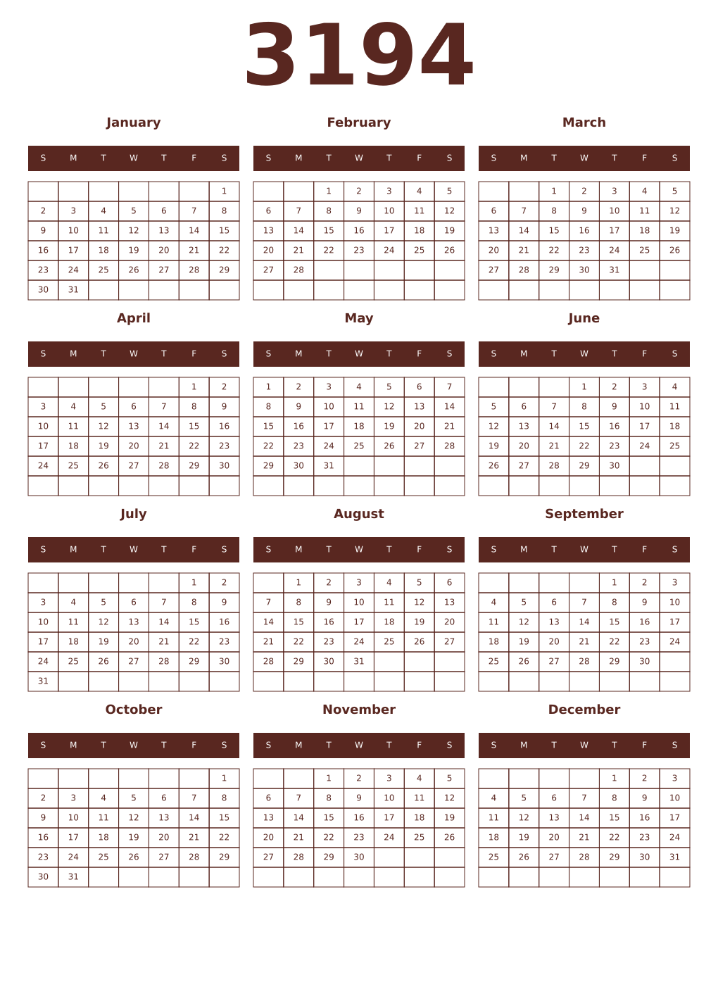 Printable 3194 Year Calendars mortuum
