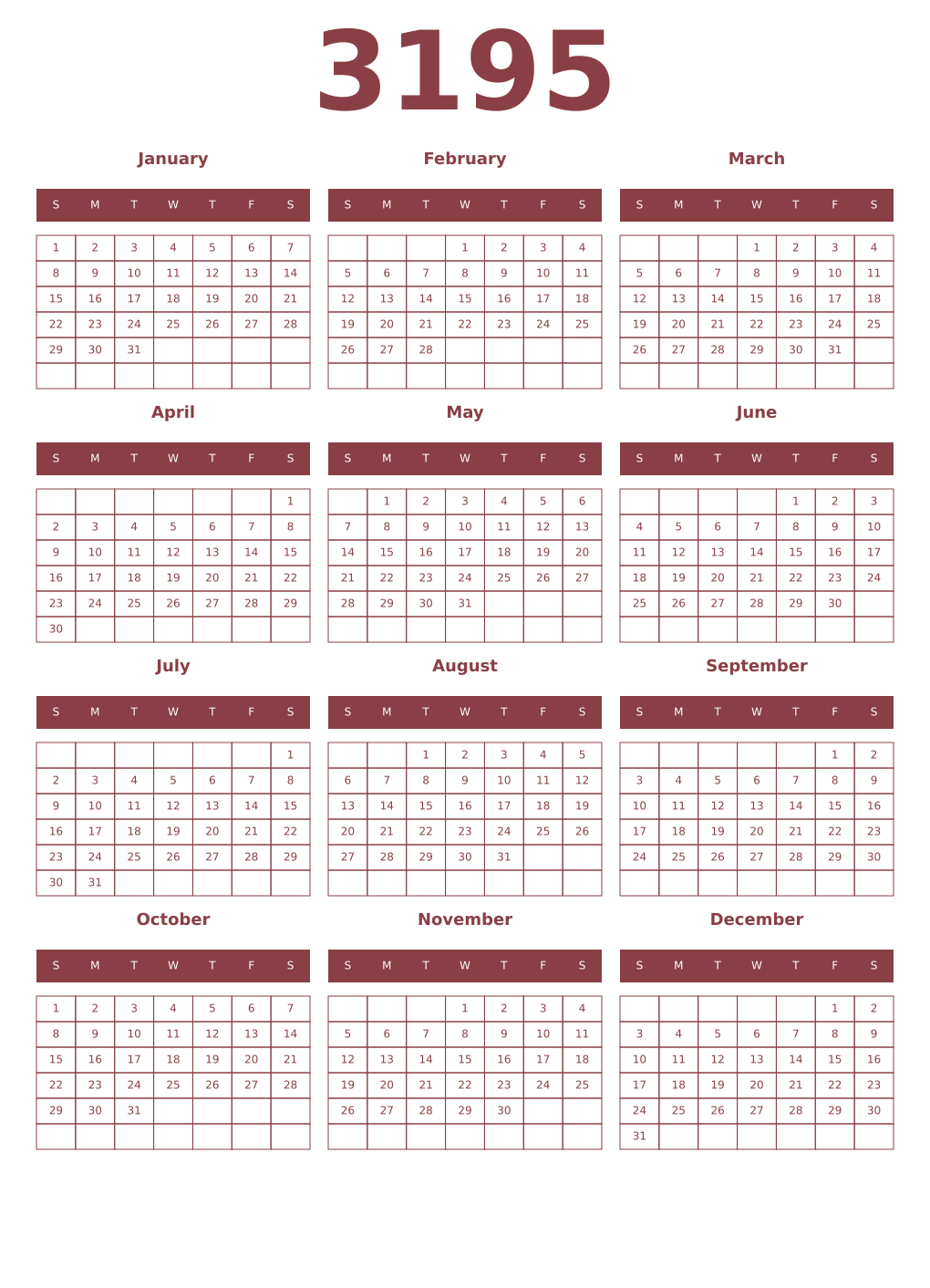 Printable 3195 Year Calendars cordovan