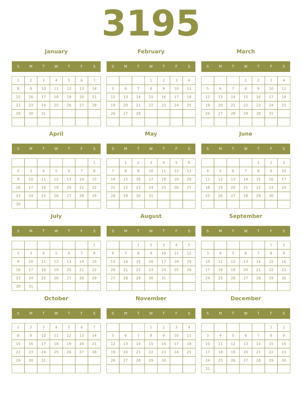 Printable 3195 Year Calendars eburnean