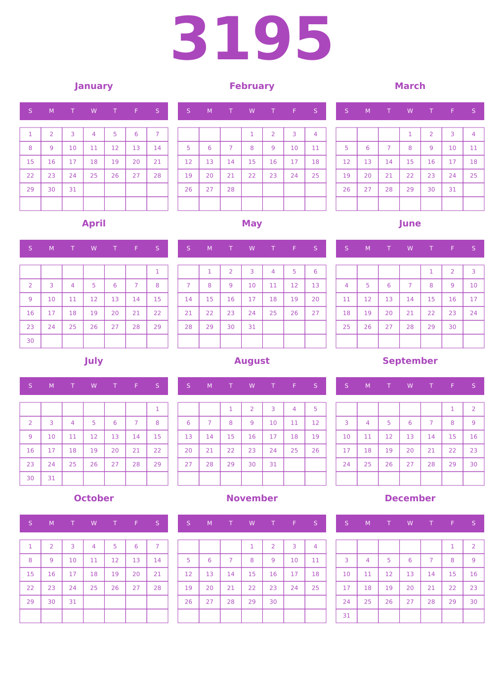 Printable 3195 Year Calendars purple