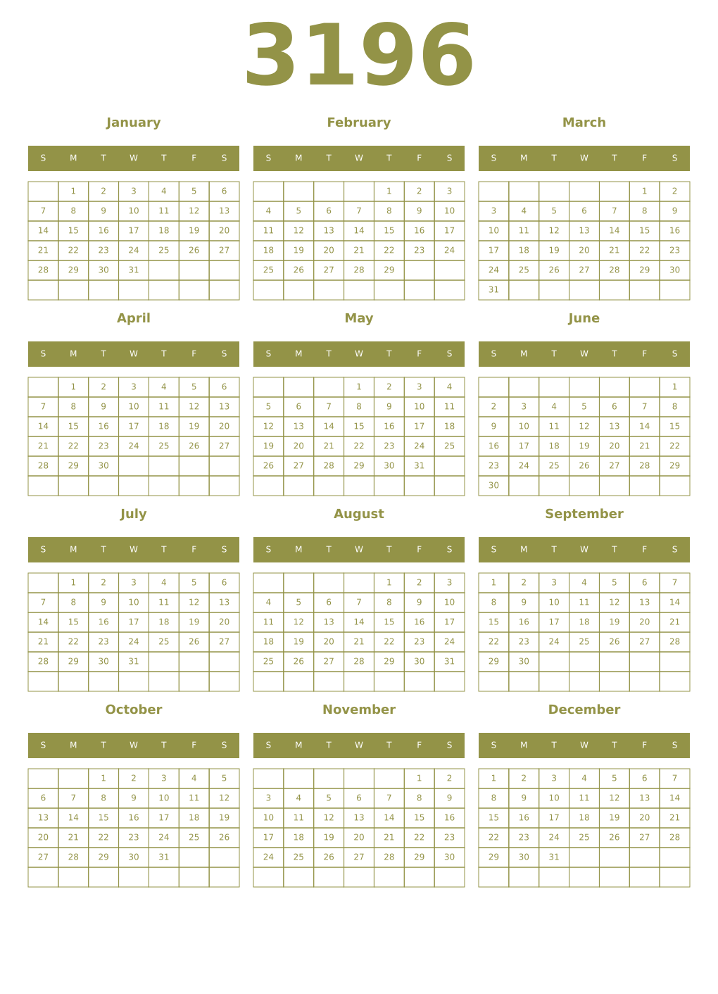 Printable 3196 Year Calendars eburnean
