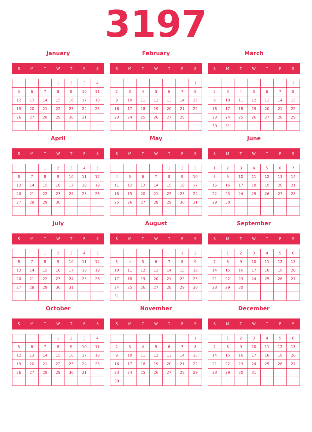 Printable 3197 Year Calendars amaranth