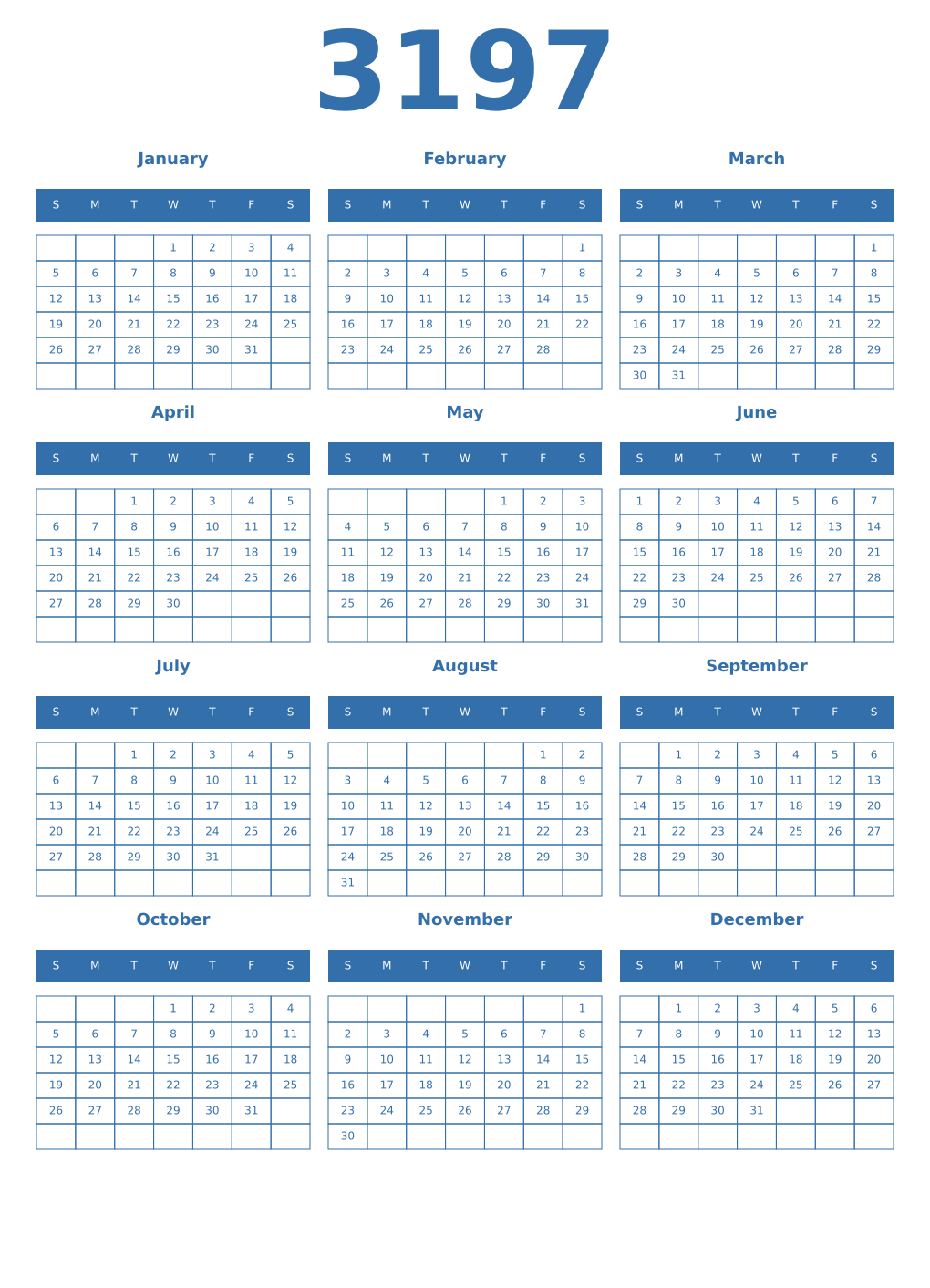 Printable 3197 Year Calendars blue