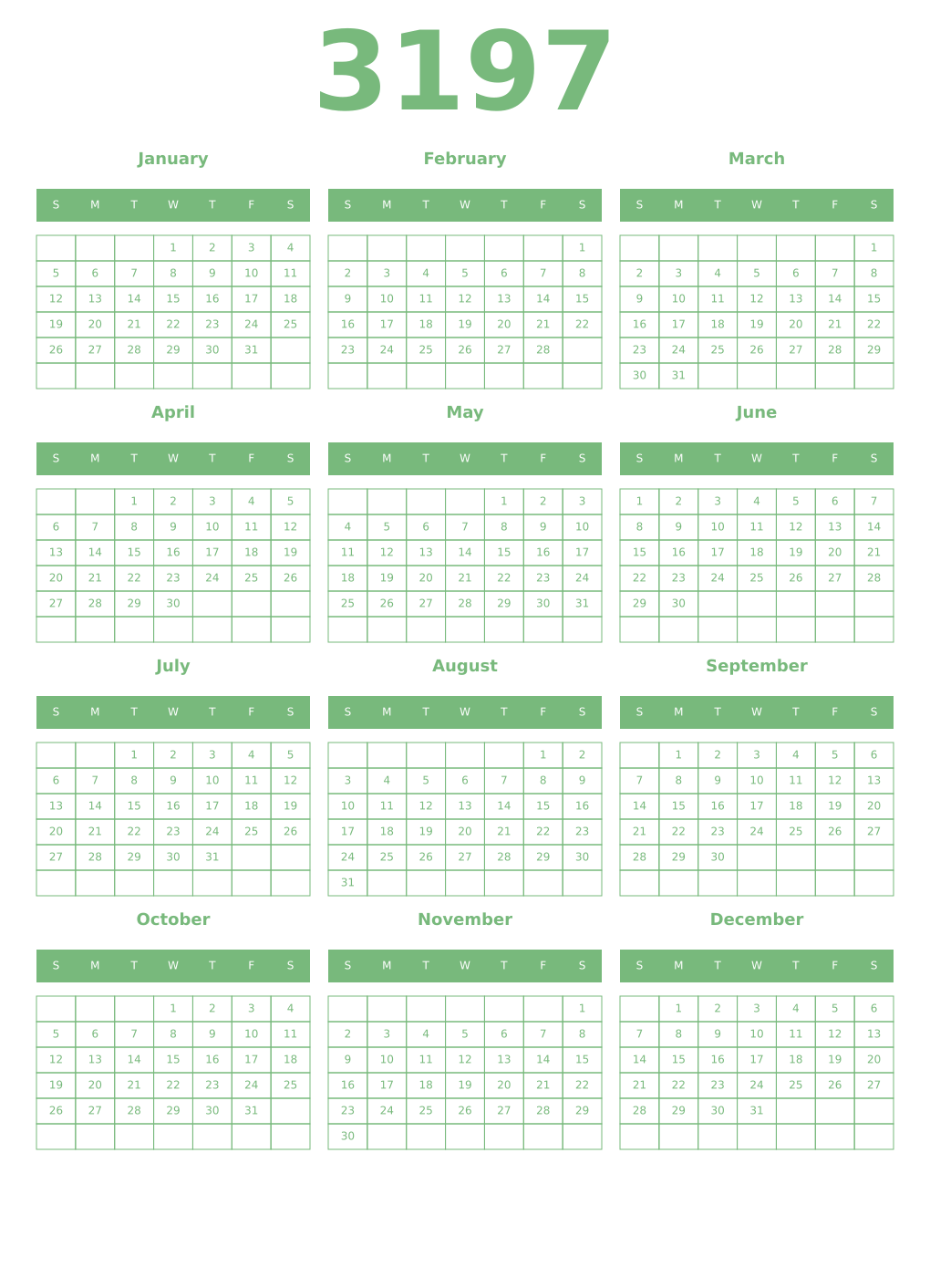 Printable 3197 Year Calendars celadon
