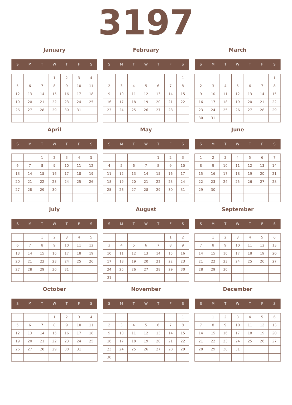 Printable 3197 Year Calendars coffe