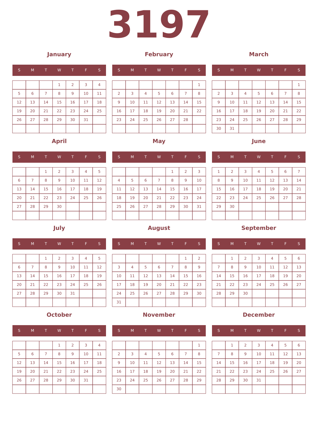 Printable 3197 Year Calendars cordovan