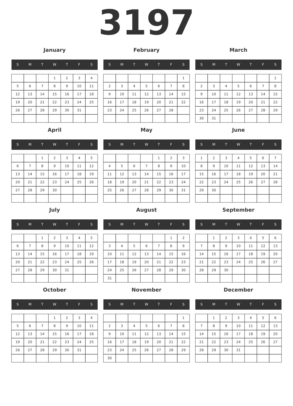 Printable 3197 Year Calendars dark