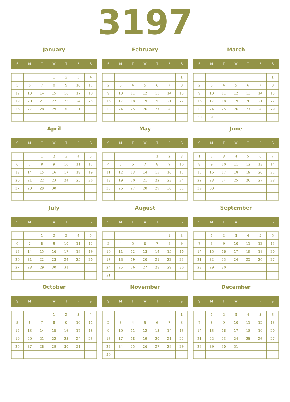 Printable 3197 Year Calendars eburnean