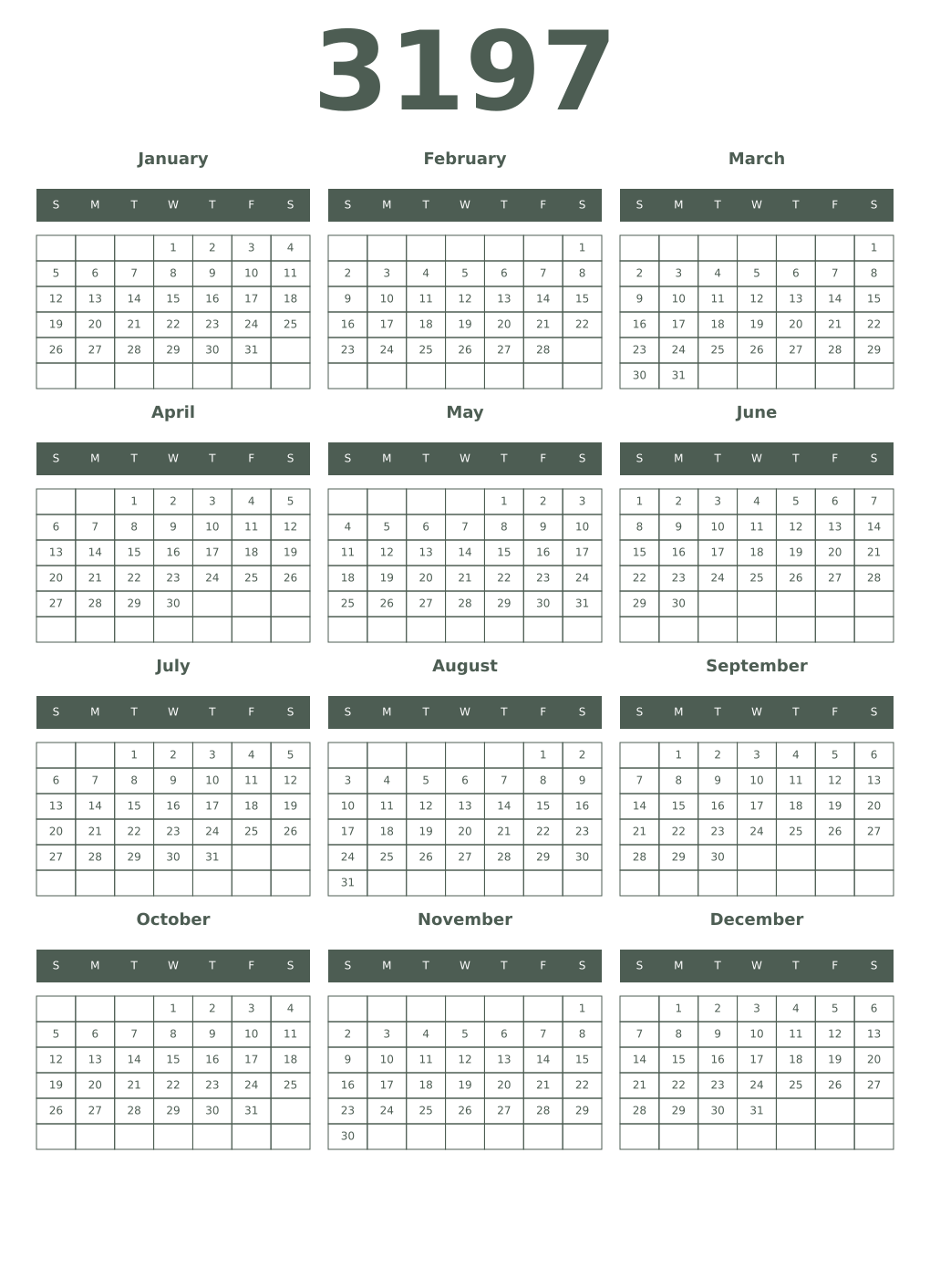 Printable 3197 Year Calendars feldgrau