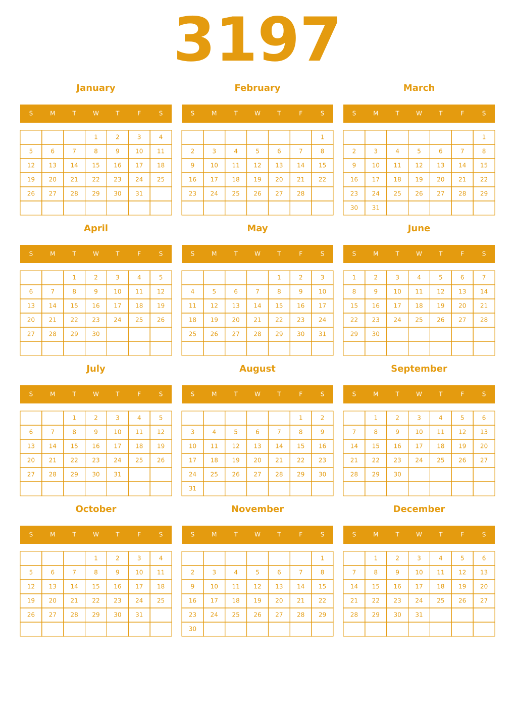 Printable 3197 Year Calendars gamboge