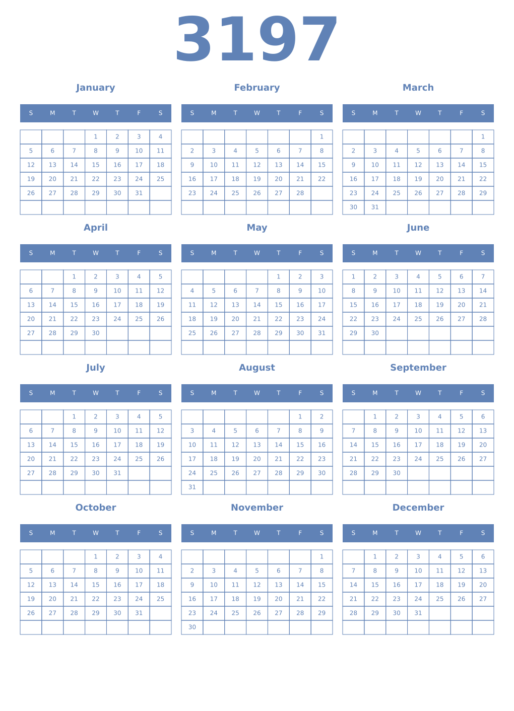 Printable 3197 Year Calendars glaucous