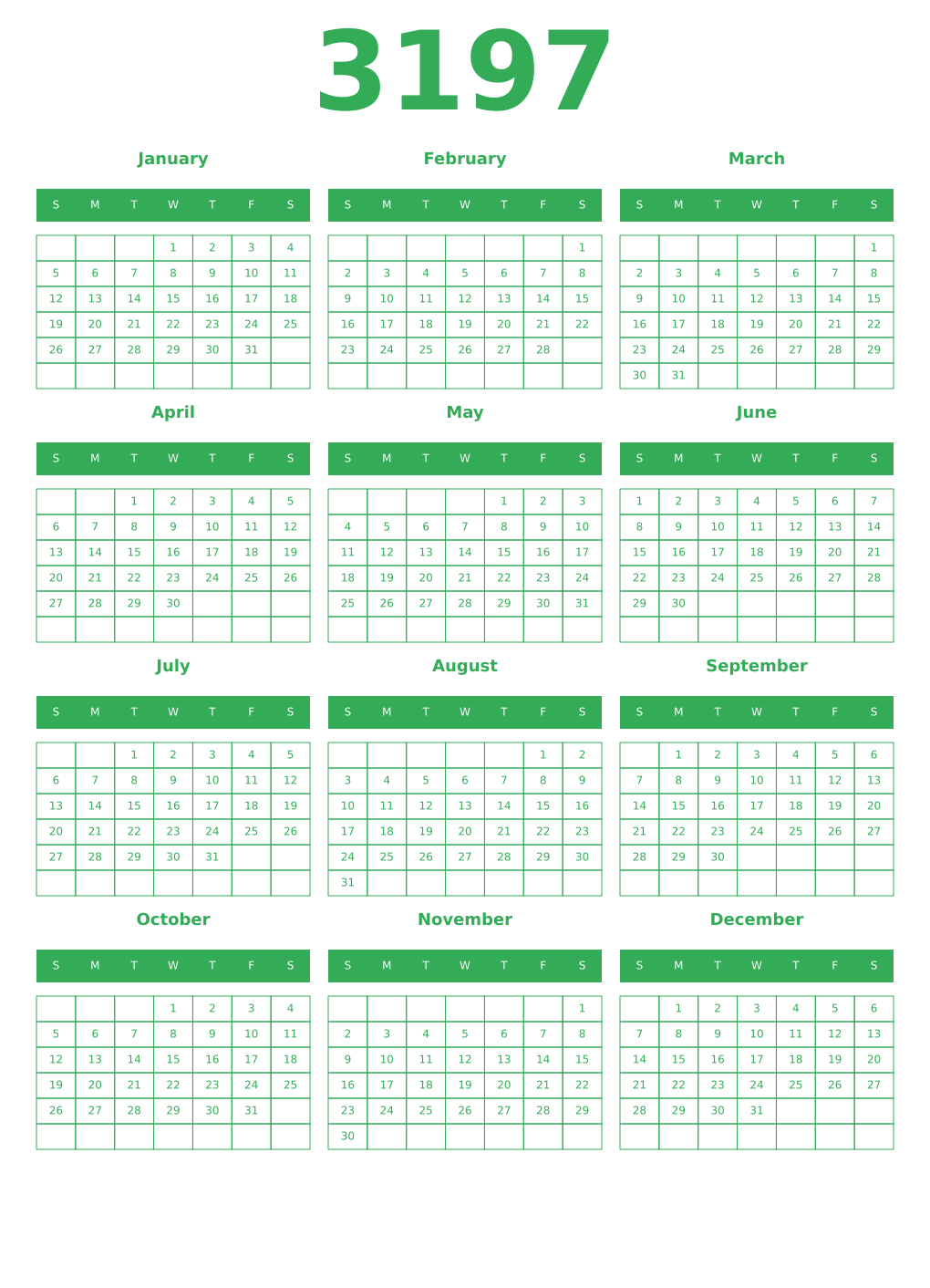Printable 3197 Year Calendars green