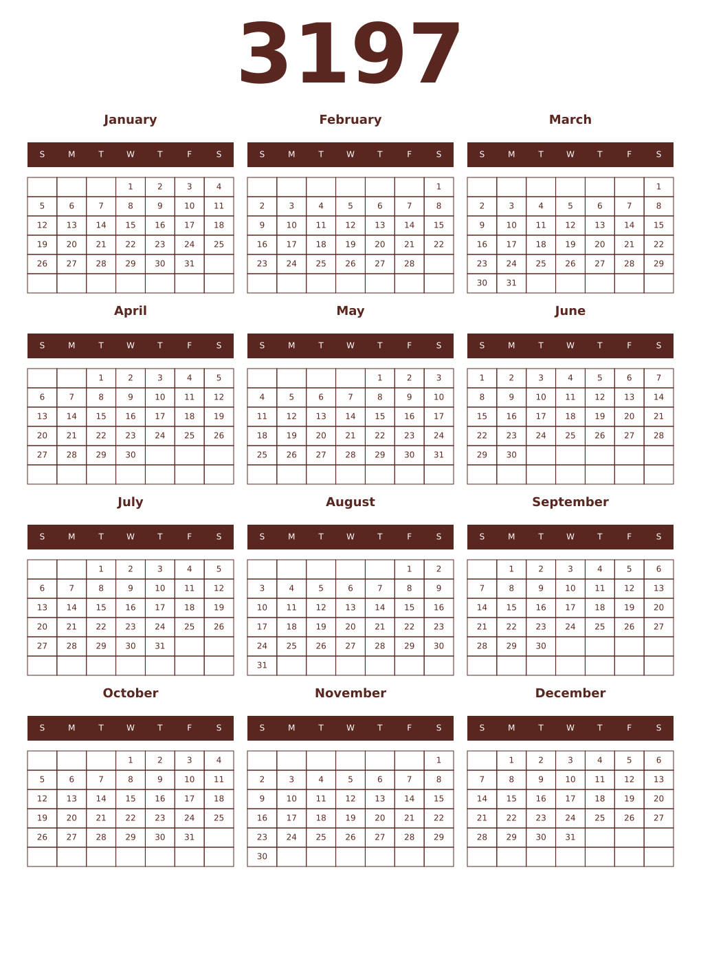 Printable 3197 Year Calendars mortuum
