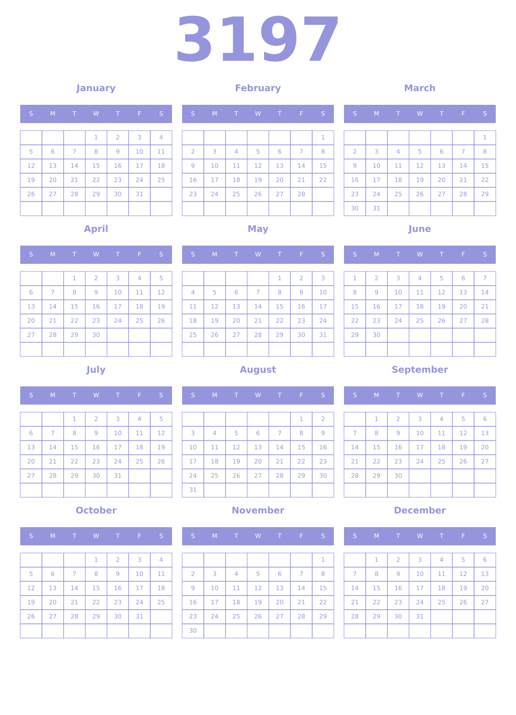 Printable 3197 Year Calendars periwinkle