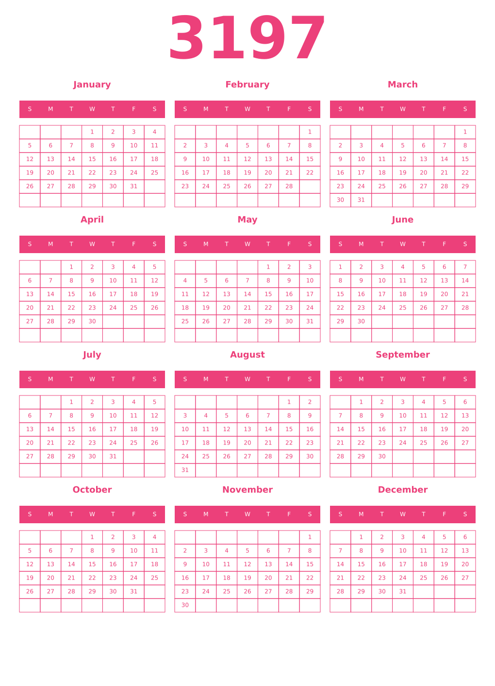 Printable 3197 Year Calendars pink