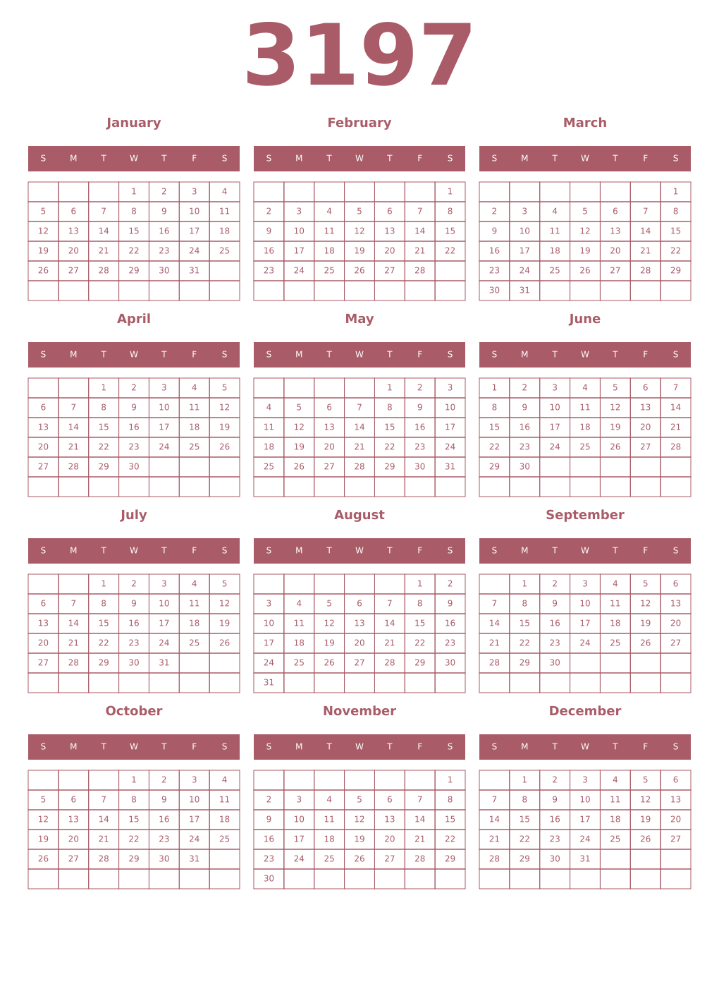 Printable 3197 Year Calendars puce
