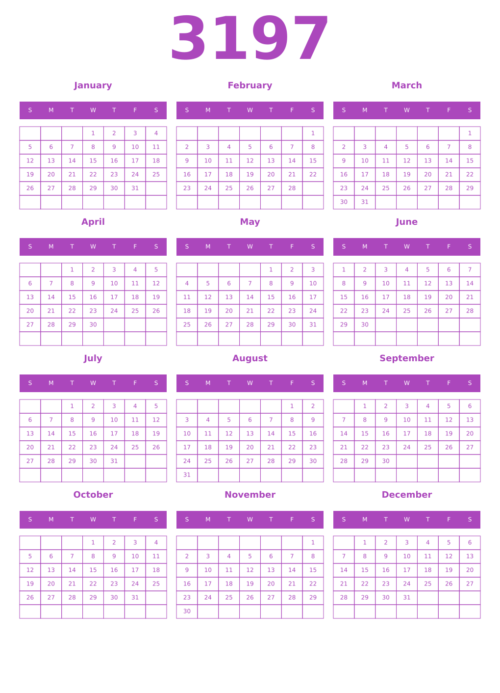 Printable 3197 Year Calendars purple