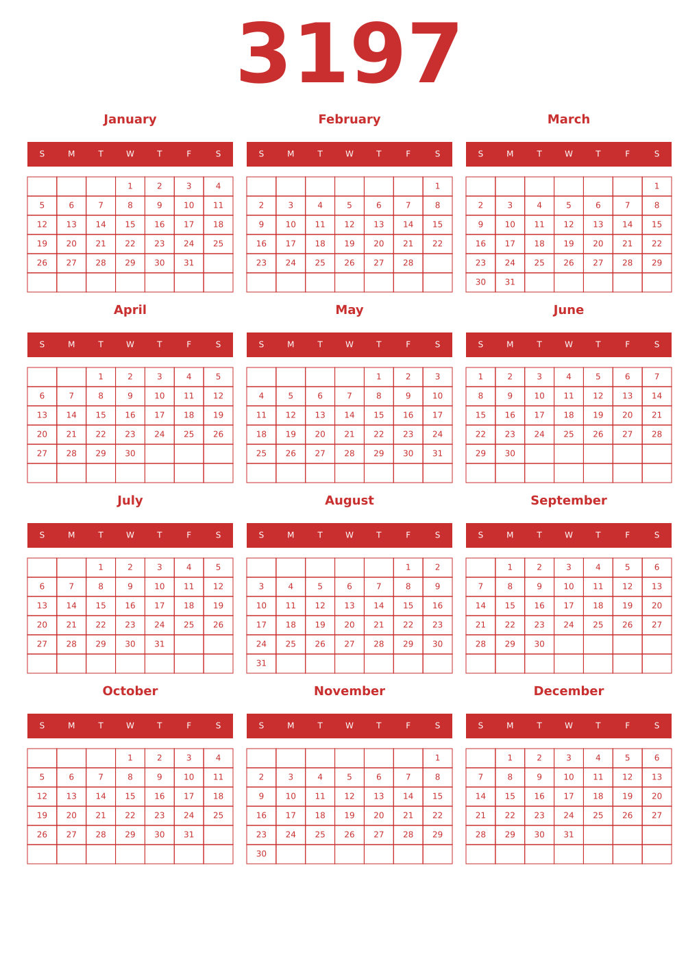 Printable 3197 Year Calendars red