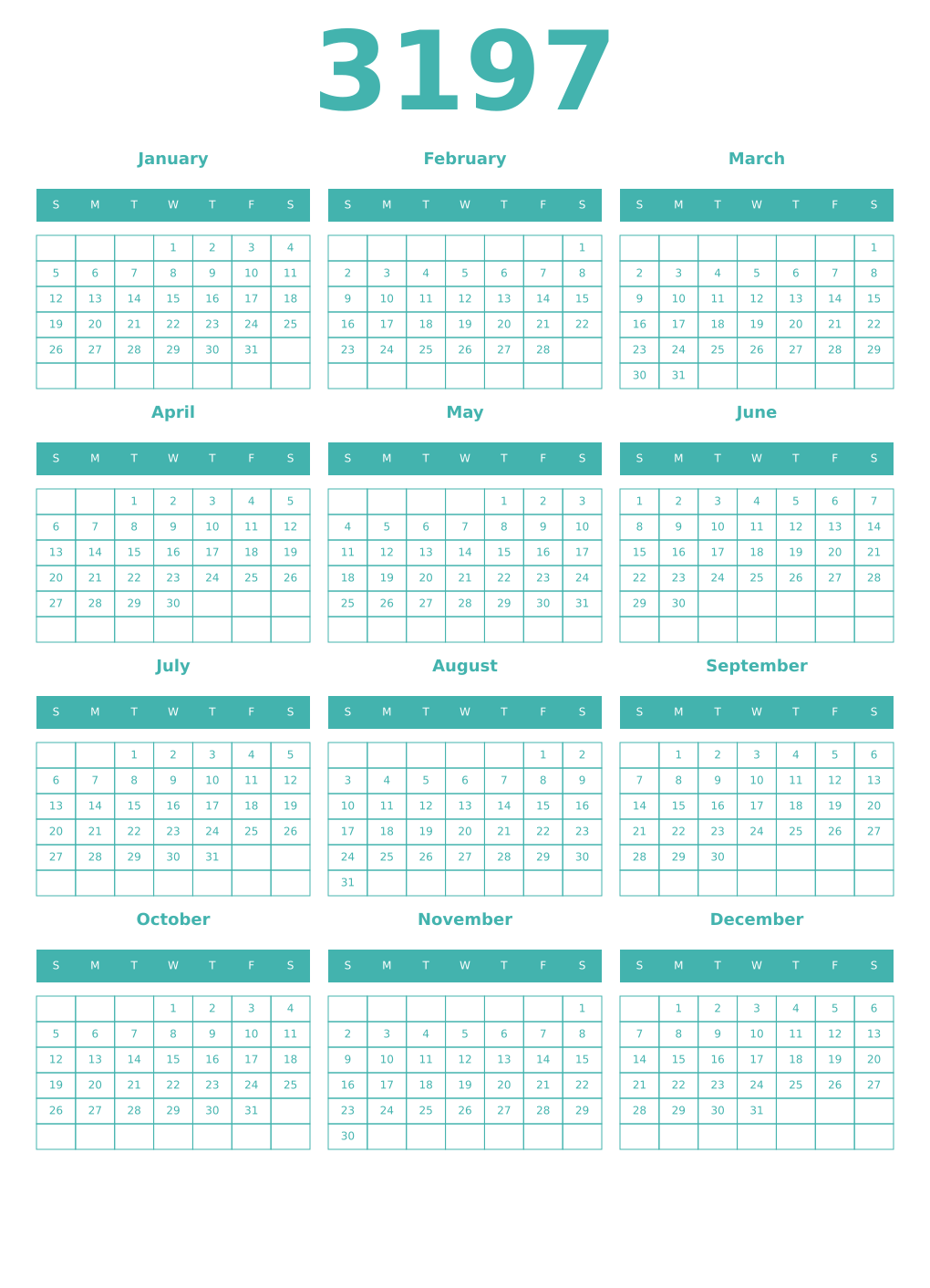Printable 3197 Year Calendars verdigris