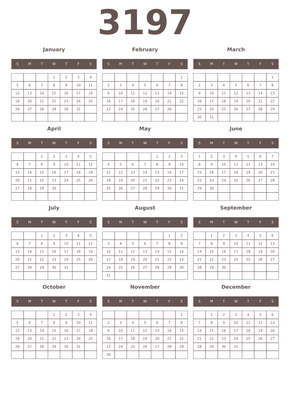 Printable 3197 Year Calendars wenge